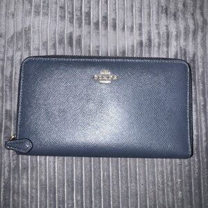 Coach Navy Textured Leather Zip Wallet with Gold Logo